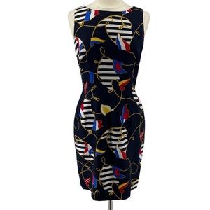 Vintage 1980s Navy Nautical Print Sleeveless Silk Sheath Dress Maggie London 10